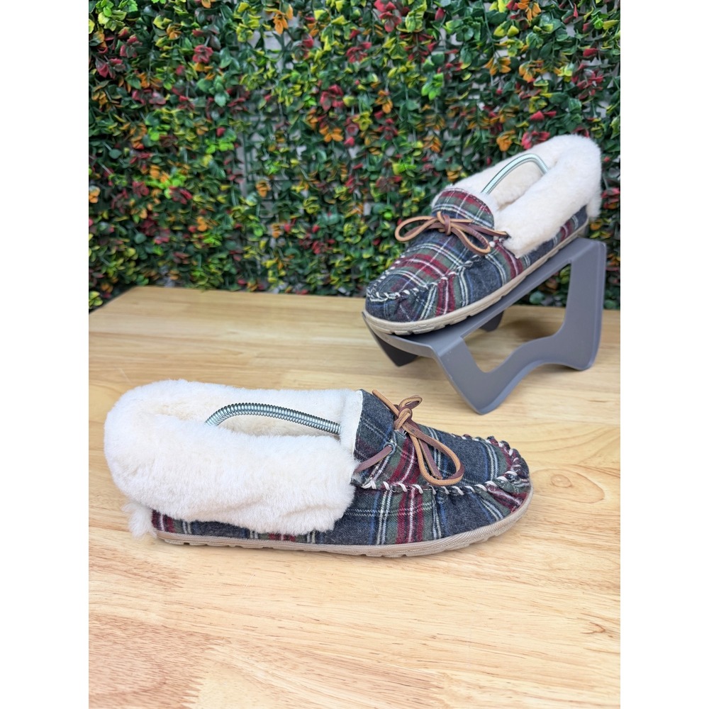 LL Bean Wicked Good Moccasins Grey Red Plaid Flannel Shearling Slippers Womens 9